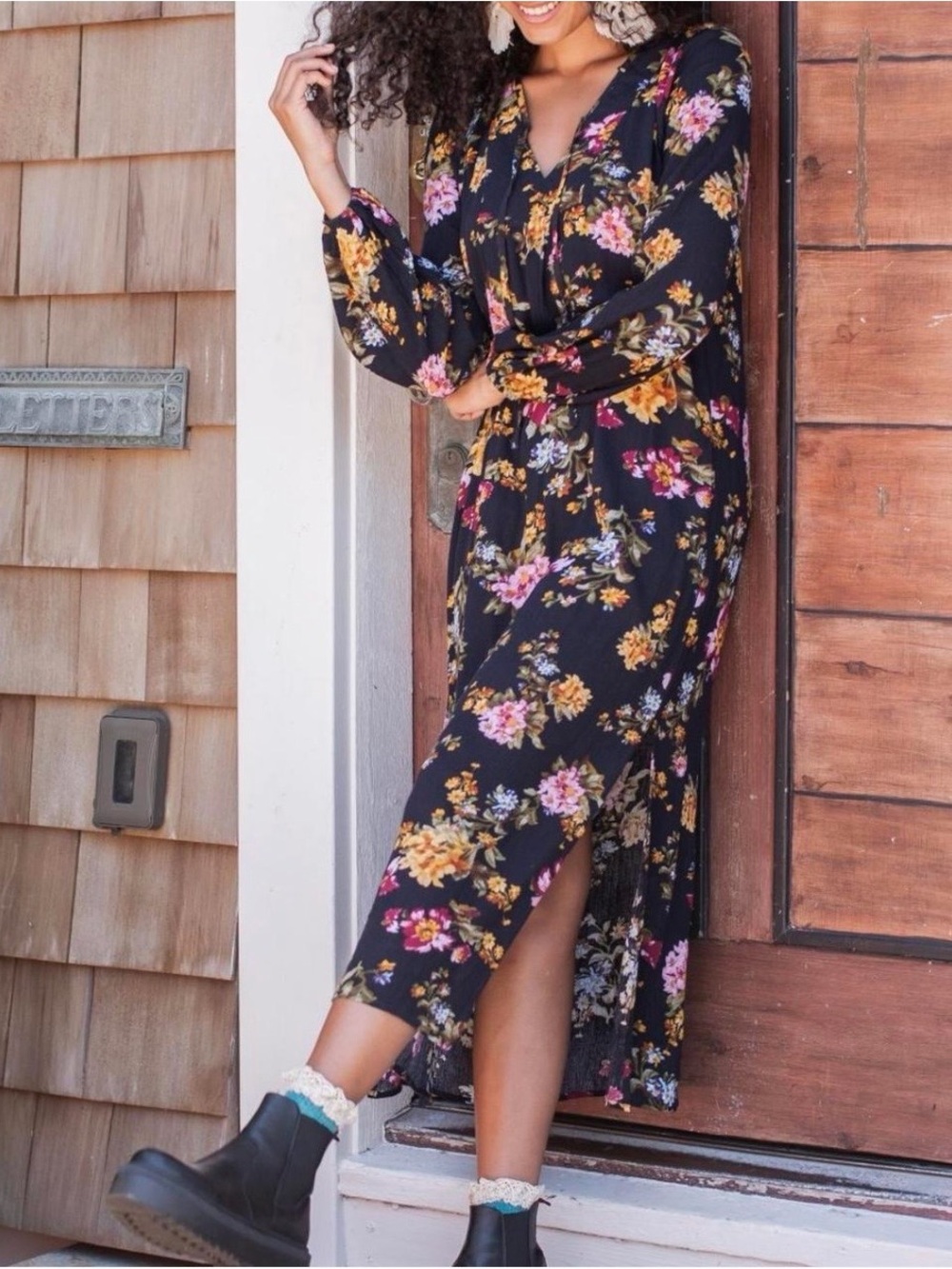 Natural Life Midnight Navy Blue Floral Midi Dress Small NWT Rayon Boho